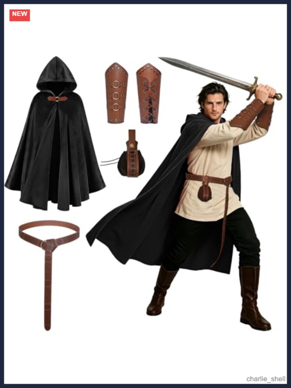 Unisex Renaissance Hooded Cloak Medieval Costume Set Belt Pouch Bracers
